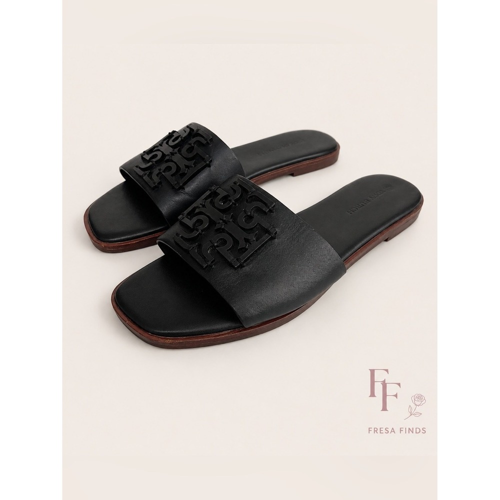 Tory Burch Ines Slide Sandals Black Leather Double T Logo Slides Size 8.5